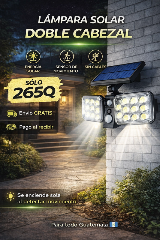 Lámpara Solar de Doble Cabezal con panel solar integrado para exteriores e interiores