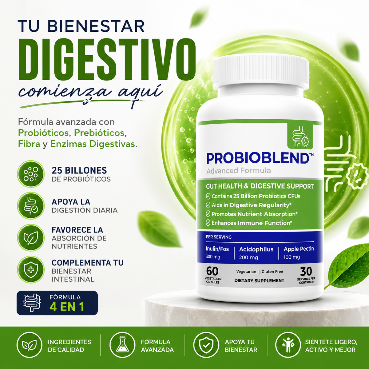 Probiohealth™ Apoya tu bienestar digestivo con una fórmula avanzada 4 en 1