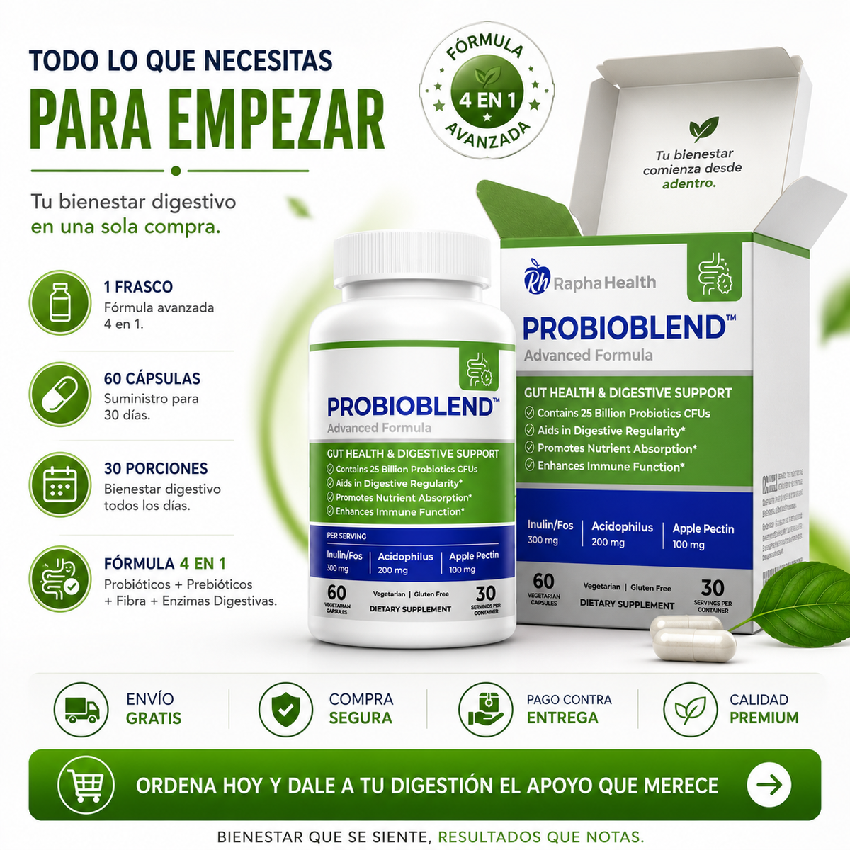 Probiohealth™ Apoya tu bienestar digestivo con una fórmula avanzada 4 en 1