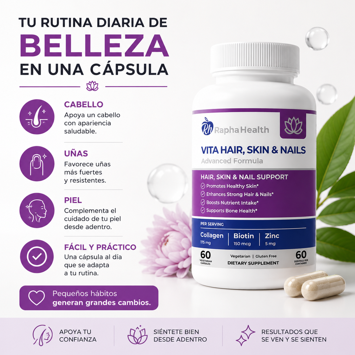 Vita Hair, Skin & Nails™ Nutrición diaria para apoyar la belleza de tu cabello, piel y uñas desde adentro