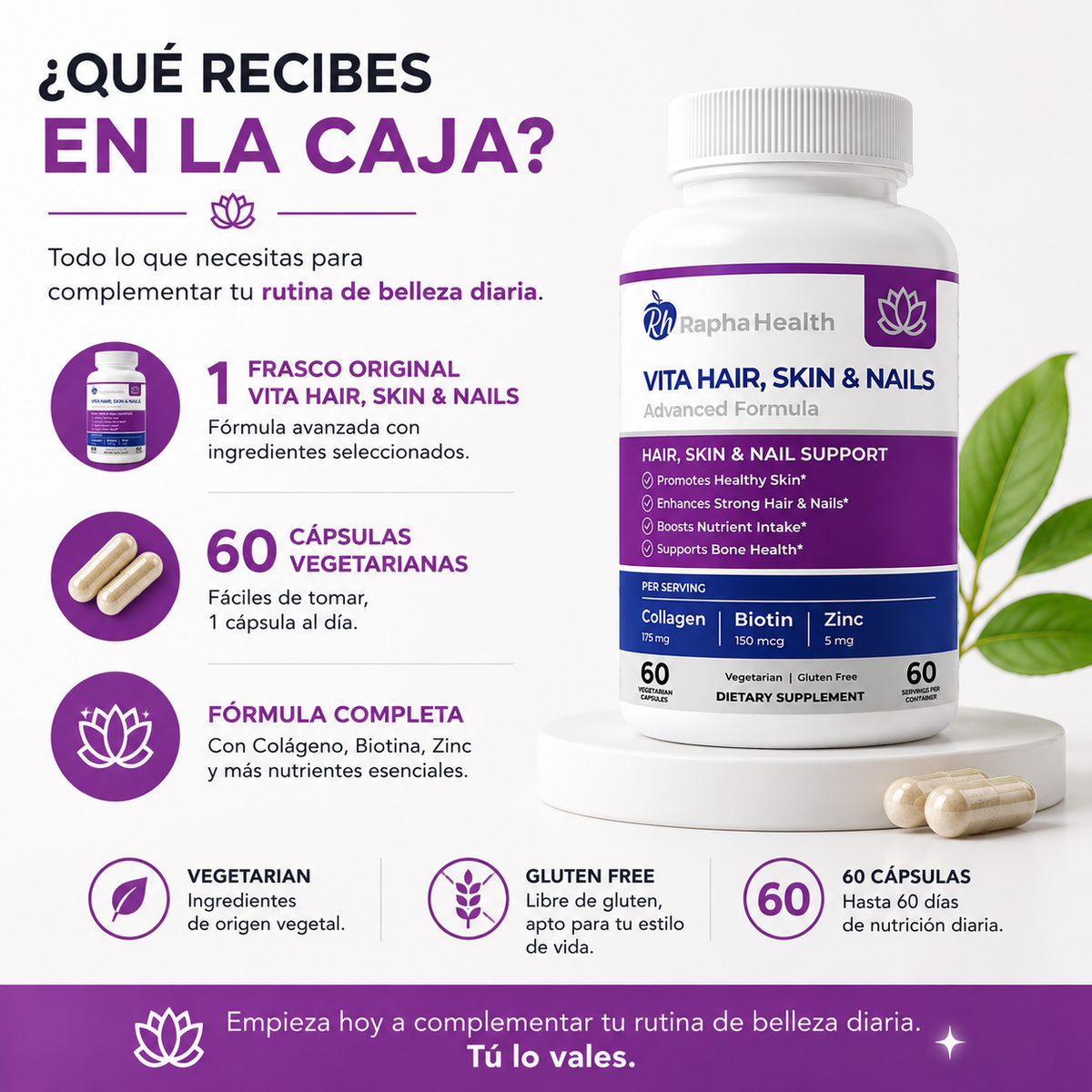 Vita Hair, Skin & Nails™ Nutrición diaria para apoyar la belleza de tu cabello, piel y uñas desde adentro