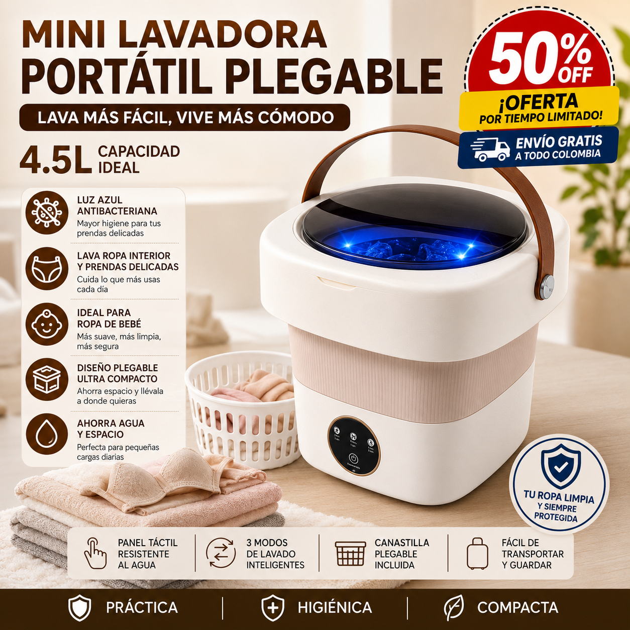 Mini lavadora portatil plegable - Lava tus prendas delicadas de forma práctica, rápida y más higiénica… sin usar toda la lavadora.