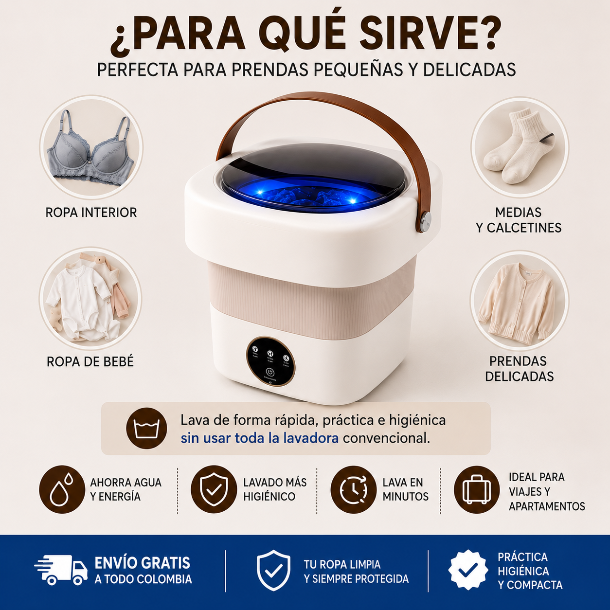 Mini lavadora portatil plegable - Lava tus prendas delicadas de forma práctica, rápida y más higiénica… sin usar toda la lavadora.